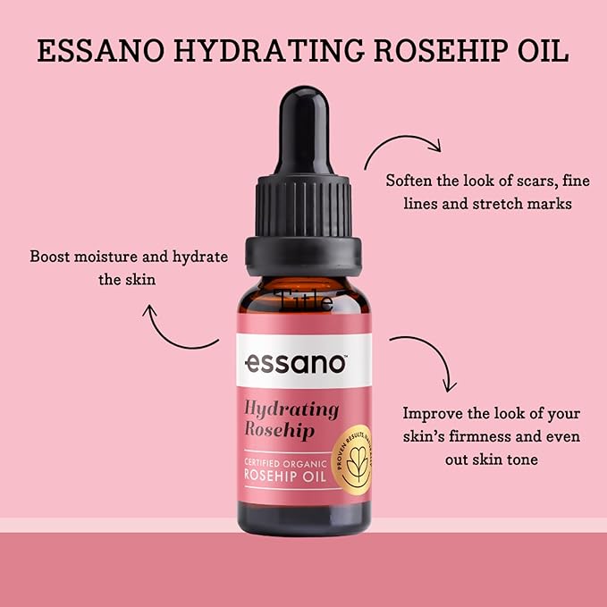 Essano Rosehip Oil for Face Organic Cold Pressed, Skin Care & Body Care with Vitamin E, Polyphenols, Natural Facial & Body Oil to Support Appearance of Fine Lines & Wrinkles, Cruelty Free, 20ml