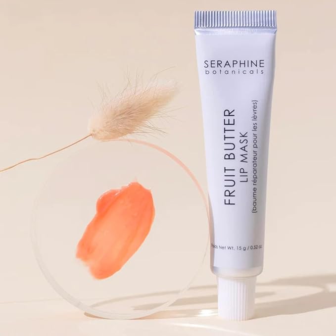 Seraphine Botanicals Fruit Butter Restorative Lip Mask Overnight Gel Balm with Shea Butter & Apricot Kernel Oil – Repairs & Hydrates Dry Lips – Vegan, Paraben-Free, Dewy Finish 0.51 oz (Peach Nectar)