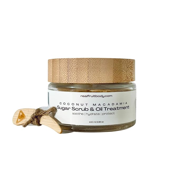 Real Fruit Body® Coconut Macadamia Sugar Scrub and Oil Treatment - 100% Pure and Natural, Leaping Bunny® Certified Cruelty Free, Vegan, Organic - 1.38 Ounce | 50 ml