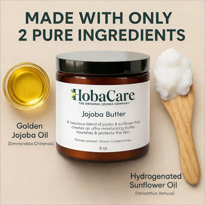 HobaCare Jojoba Butter, Fragrance-Free Body Butter Base with Natural First-Press Pure Jojoba Oil - Softening, Moisturizing, Vegan, Cruelty-Free Cream for Skin & Hair (8 oz)