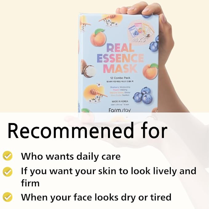 FARMSTAY Real Essence Facial Sheet 12Pack Korean Skincare Mask Combo,Hypoallergenic,Moisturizing,Nourishing,Vitalizing, Refreshing0.78 fl.oz.*12 ea (Coconut,Avocado,Peach,Mango)
