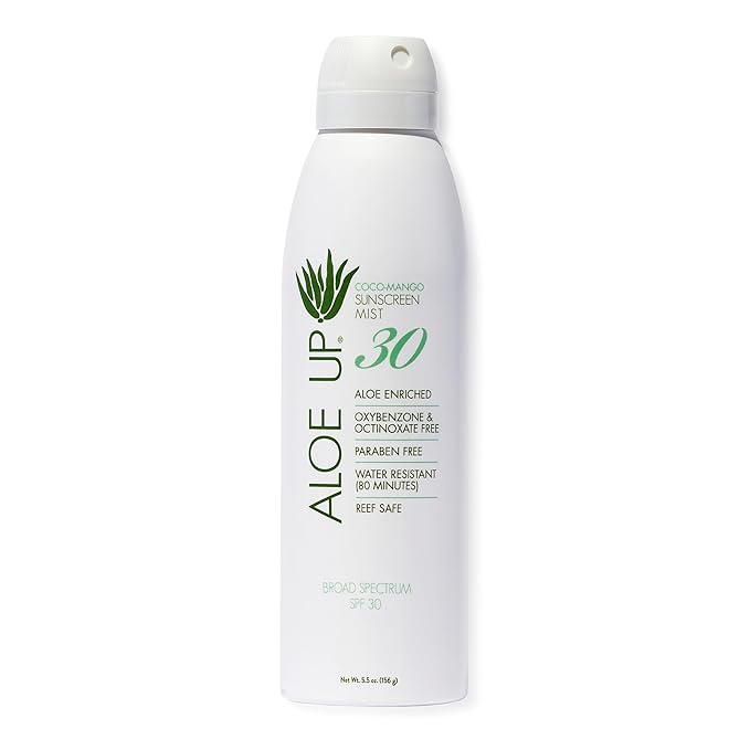 Aloe Up White Collection SPF 30 | Sunscreen Spray Mist for Face & Body with Aloe Vera Gel | Water Resistant up to 80 Minutes | Reef Friendly, Non Greasy, Fast Absorbing | Coco Mango Fragrance 4 Oz