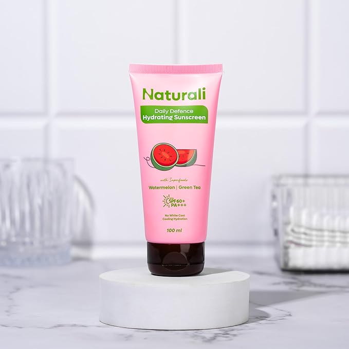 Naturali Daily Defence Sunscreen | SPF 60+ PA+++ UVA/UVB Protection | No White Cast | Cooling & Hydrating | Blends Easily | Non-sticky | Non-greasy | Watermelon & Green Tea Sunscreen | 100ml