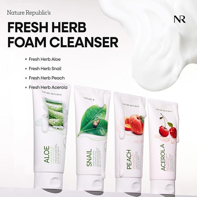 Nature Republic Fresh Herb snail cleansing foam Hydration & Moisturizing daily Makeup Remover, Nighttime Foaming Pore Cleansing aloe face wash,Korean Skin Care for All Skin Types 170ml / 5.74 fl Oz