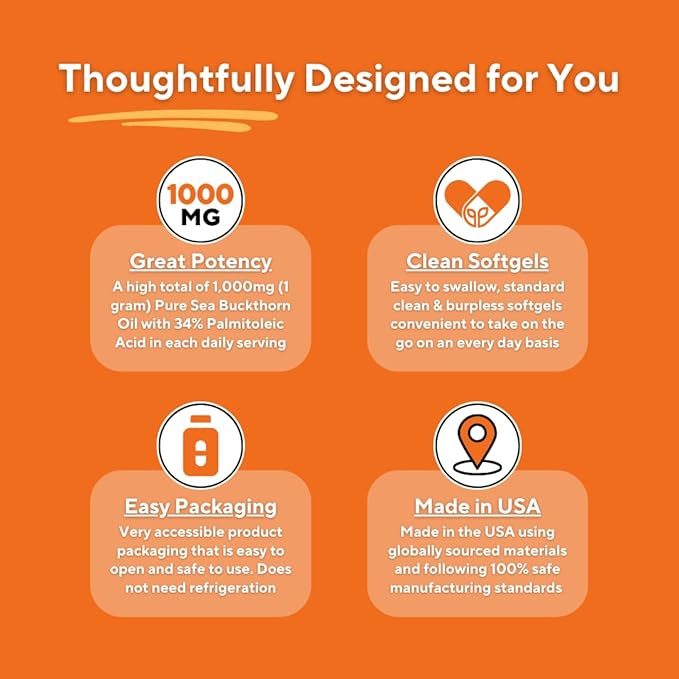 Omega 7 Sea Buckthorn Berry Oil 1000mg for Hair, Skin, Nails, Heart Health Support - 34% Palmitoleic Acid & Natural Omega 3 6 9 Fatty Acids Supplement - 120 Capsules, Non-GMO, Gluten-Free