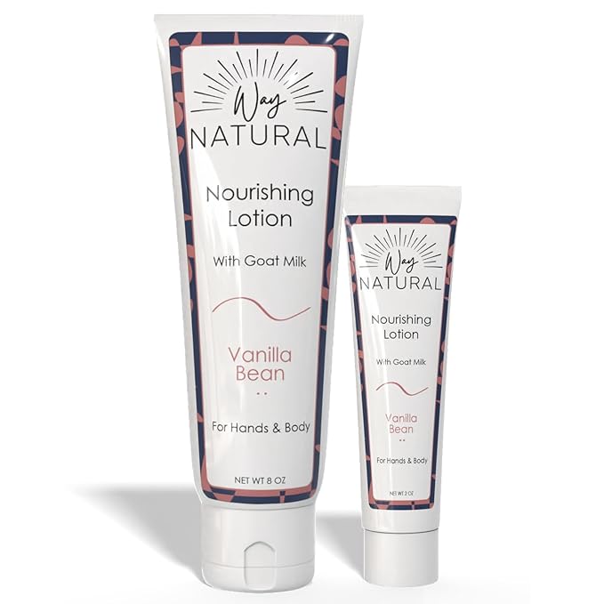 Nourishing Goat Milk Lotion, Vanilla Bean - Home & Away Set, Natural Hand & Body Vanilla Lotion for Dry Skin - Goat Milk Hand Cream for Women & Men - 8oz & 2oz Travel Size Tube