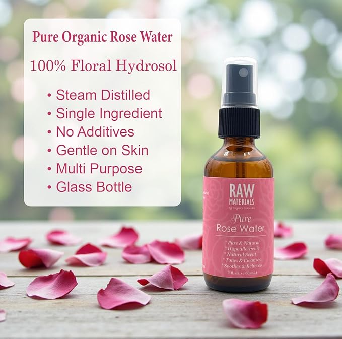RAW MATERIALS Rose Water Spray - Pure Organic Hydrosol Rose Water Mist Hydrating Facial Toner - Face, Body, Hair - Vegan Beauty Skincare - 2oz Glass Bottle with Fine Mist Sprayer