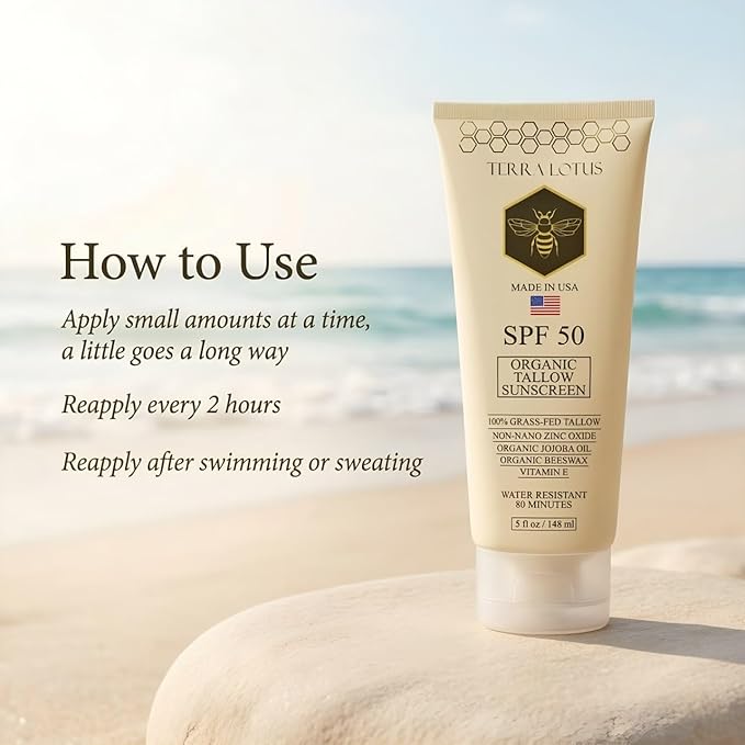 Organic Tallow Mineral Sunscreen - 50 SPF - For Face and Body - With 100% Grass-Fed Tallow and Non-Nano Zinc Oxide Reef Safe - (5 Oz)