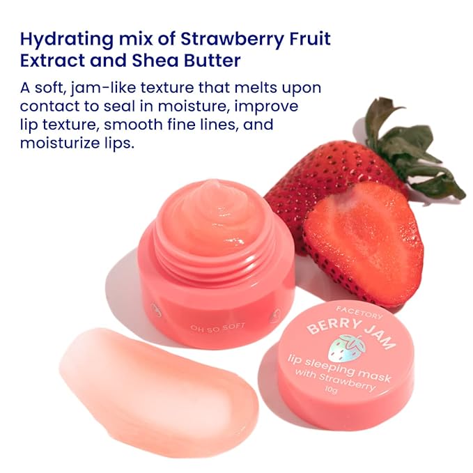 FaceTory Berry Jam Lip Sleeping Mask with Strawberry Fruit Extract and Shea Butter - for Softer Lips, for Dry, Cracked, and Chapped Lips, Moisturizing, Protecting, Nourishing - 10g