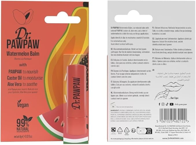 Dr. PawPaw Lip Balm - Hydrating Lip Balm Moisturizer with Aloe Vera for Deep Nourishment - Castor Oil Enriched - Watermelon - 0.13 oz