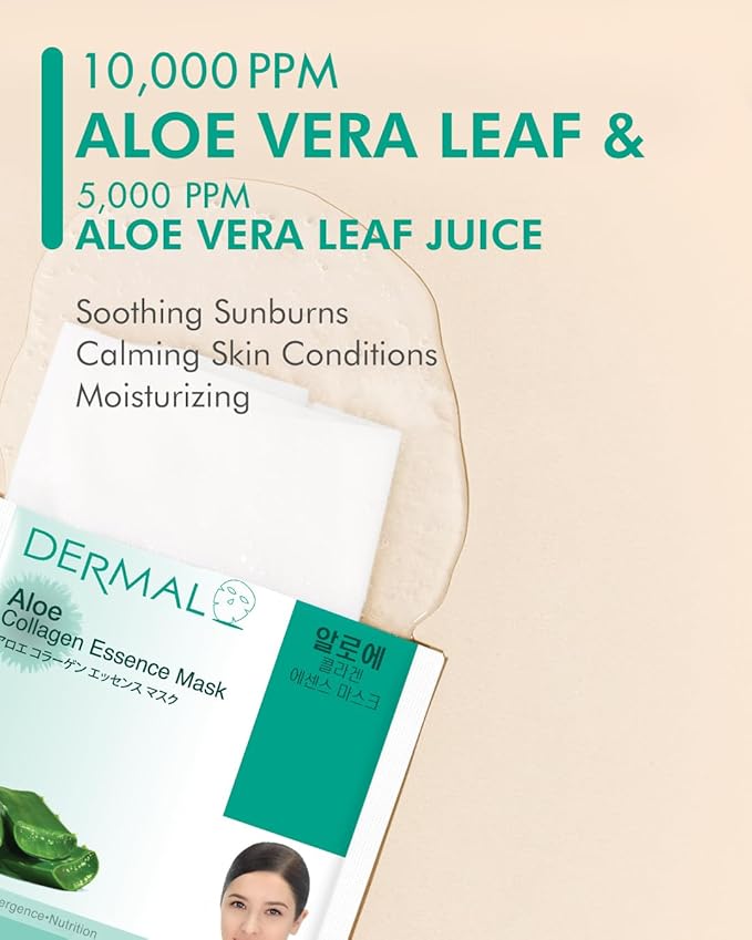 DERMAL Aloe Collagen Essence Facial Mask Sheet 23g Pack of 10 - Skin Revitalizing & Soothing, Refreshing and Moisturizing, Sunburn Relief, Daily Skin Treatment Solution Sheet Mask