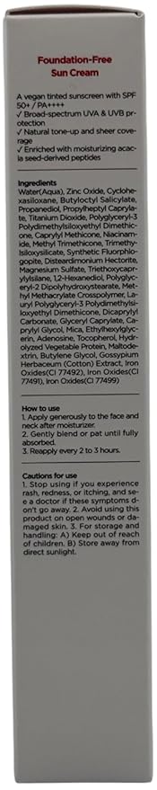 Foundation Free Sun Cream 50ml / 1.69 fl oz SPF50+ PA++++, Vegan Sunscreen SPF50+