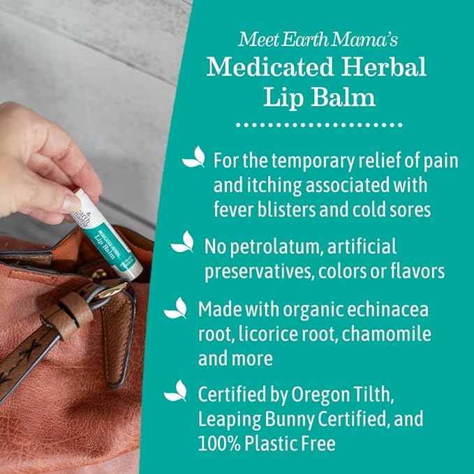 Earth Mama Medicated Herbal Lip Balm | Organic Lip Balm with Menthol for Fever Blister & Cold Sore | Refreshing Menthol Mint Lip Care, 0.15 oz (2-Pk)