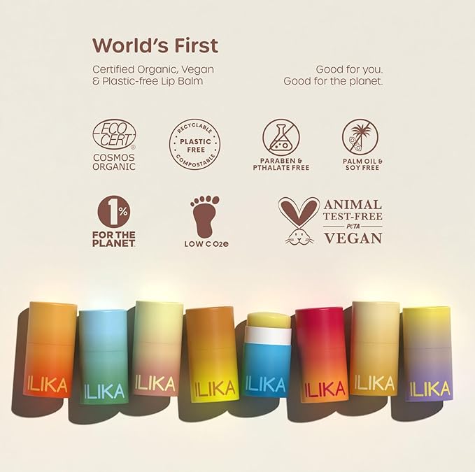 ILIKA Lip Balm, 2X Volume, Organic, Plastic-free, Vegan & Cruelty-Free, COSMOS Certified, PETA Certified, Plant-Based, Biodegradable Tube, 8 Pack, Lip Care Products, Assorted - 0.3 oz each