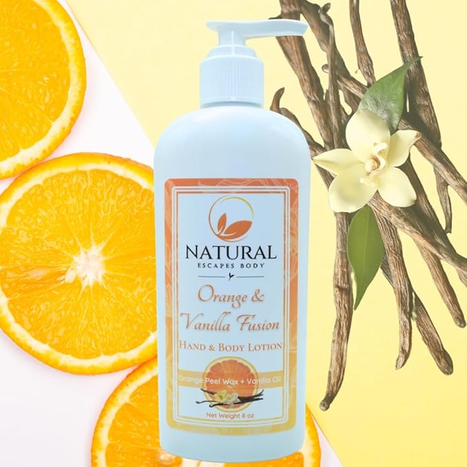 Natural Escapes Orange Vanilla Body Lotion for Dry Skin, Ceramide Hand & Body Moisturizer with Coconut Oil, Vitamin B5 & E, Hydrating Lotion, 8 Oz