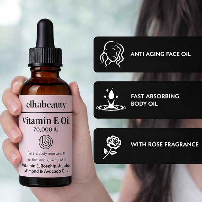 Vitamin E Rose Oil with Organic Rosehip, Avocado, Jojoba, Argan and Almond Oils, Face and Body Moisturizer for a Firm and Healthy Skin, 3.88 fl oz