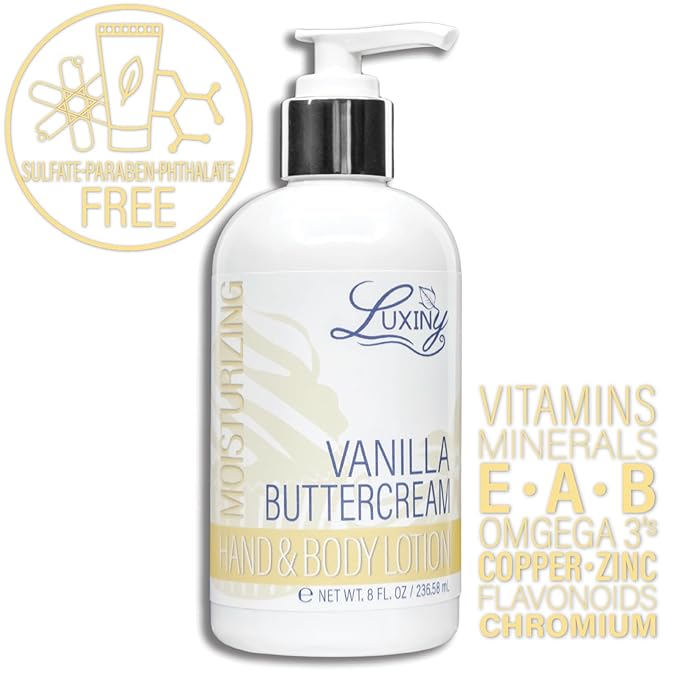 Luxiny Daily Vegan Hand & Body Lotion for Dry Skin,Made with Jojoba Oil & Vitamin E, USA Made, Non Greasy Phthalate/Sulfate/Paraben Free & Cruelty-Free Formula, 8 oz (8 oz, Vanilla Buttercream)