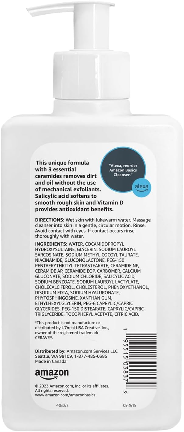 Amazon Basics Exfoliating Face Wash Cleanser, Renewing Salicylic Acid with Ceramides & Vitamin D, Foaming Formula, Smooths Skin, 8 fl oz (Pack of 3)