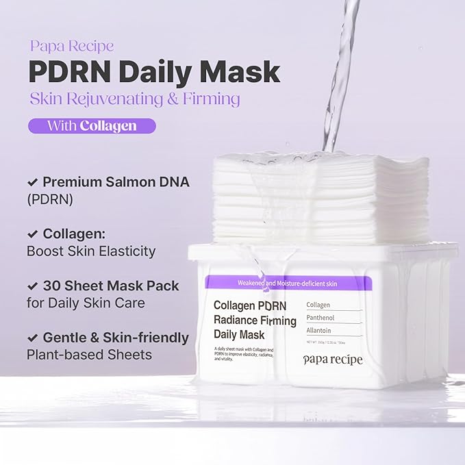 Papa Recipe Collagen PDRN Radiance Firming Daily Mask (30 Sheets) - Korean Skin Revitalizing Facial Masks, Anti-aging - Soothing, Calming & Hydrating Face Skin, Sensitive Skin-friendly