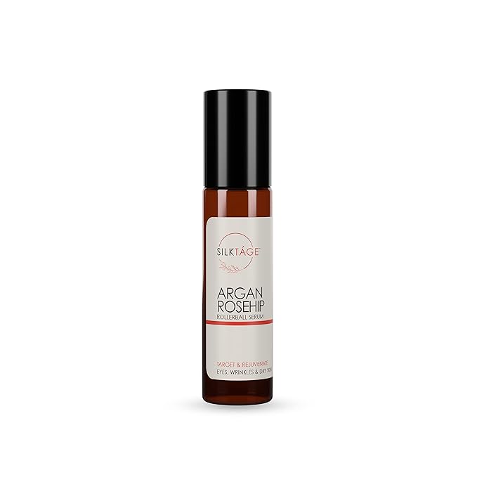 SILKTÁGE Argan Rosehip Rollerball - Organic Argan Oil & Rosehip Oil for Eyes, Wrinkles, Lips, Dry Skin, Age Spots - Anti-Aging Face Oil Serum For Glowing Skin, .33 Fl Oz