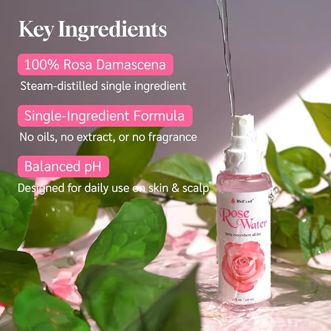 Well's Oil Rosewater Face & Hair Mist Spray (2 fl oz / 59 mL) | Floral Rosewater Hydrosol | Alcohol-Free