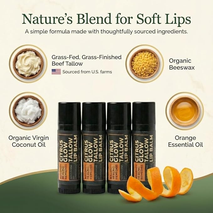 Tallow Lip Balm | 100% Grass-Fed Beef Tallow, Organic Coconut Oil & Beeswax | Natural Lip Care for Dry, Chapped Lips & Dry Lips | No Seed Oils | Citrus Glow | Handcrafted in USA | 4-Pack