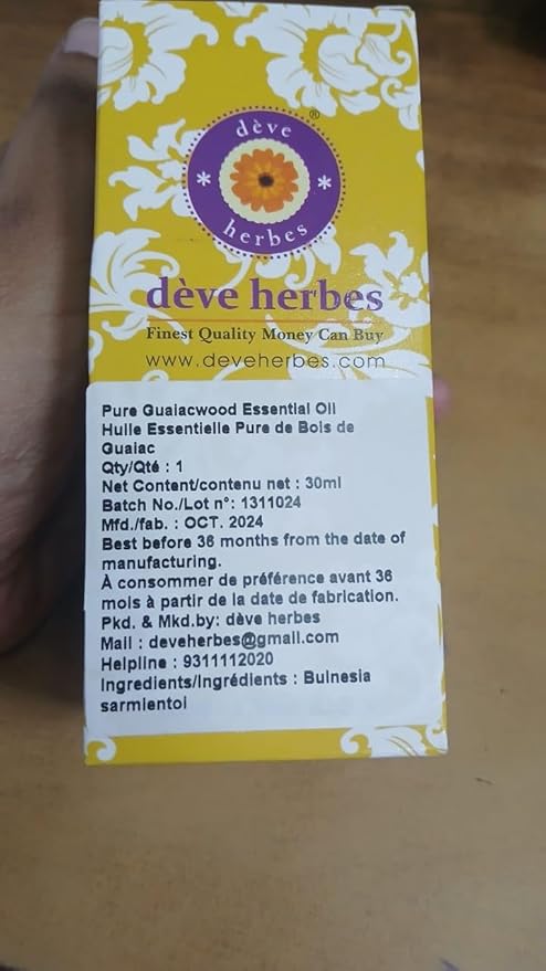 Deve Herbes Pure Guaiacwood Essential Oil (Bulnesia sarmientoi) Steam Distilled 30ml (1 oz)