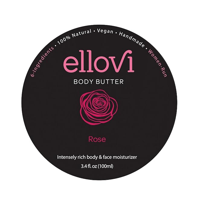Ellovi All-Natural Body Butter - Rose - Pure Enough to Eat - Made With Just 6 Vegan Ingredients - Ultra-Rich 100% Plant-Based Hydrating Moisturizer For Naturally Healthy Skin (3.4 fl. oz/100ml)