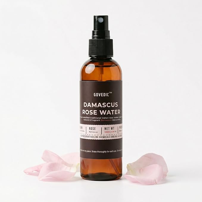 Govedic Rose Water Spray 100ml | Damask Rose Hydrating Face Mist & Toner | Natural Alcohol-Free & No Dyes for All Skin Types | Multi-Use Hydration for Face, Hair & Makeup Setting