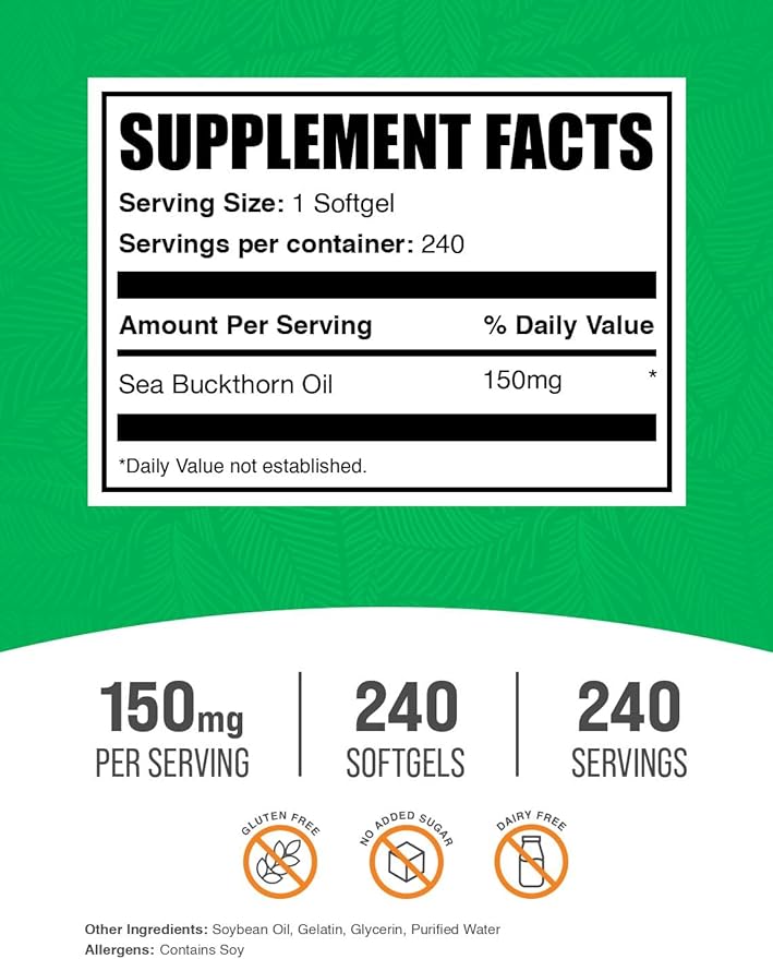 BulkSupplements.com Sea Buckthorn Oil Softgels - Sea Buckthorn Oil Supplement, Omega-7 Supplement - Gluten Free, 1 Softgel (150mg) per Serving, 240 Softgels (Pack of 1)
