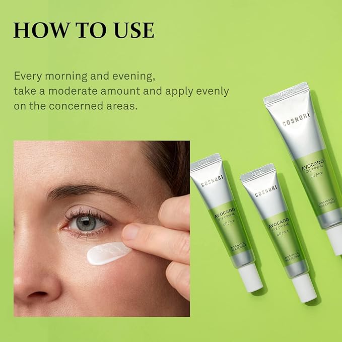 COSNORI Avocado Eye Cream - Nourishing Eye and Face Cream - with Organic Avocado and Rice Bran Extract – Korean Skincare – Anti Wrinkle and Depuff – Irritation Free Formula, 1.01 oz.