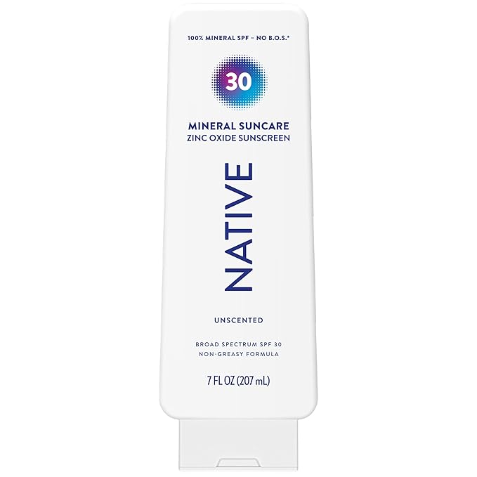 Native Mineral Sunscreen Lotion SPF 30, Unscented, with 100% Mineral Zinc Oxide for Face & Body, Hawaii Compliant, Vegan, No White Cast - 7 oz