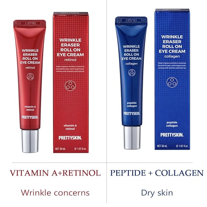 PRETTYSKIN Roll on Eye Cream with Hydrolyzed Collagen and Stainless Steel ball Tip- Under Eye Roller Cream for Elasticity Wrinkles Puffiness Fine Lines-Korean eye cream 30ml/1.01fl.oz.(Collagen)