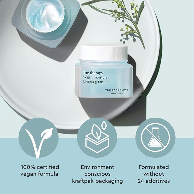 The Face Shop The Therapy Vegan Moisture Blending Cream | Vegan Moisturizer | Cooling | Hydrating | Skin-Friendly | 2-in-1 Gel & Cream | K-Beauty