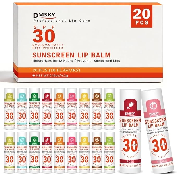 DMSKY SPF 30 Sunscreen Lip Balm 20 Pack, Clear No White Cast Sun Protection Lip Care with Vitamin E and Beeswax, Broad Spectrum SPF Lip Balm for Travel -10 Flavors
