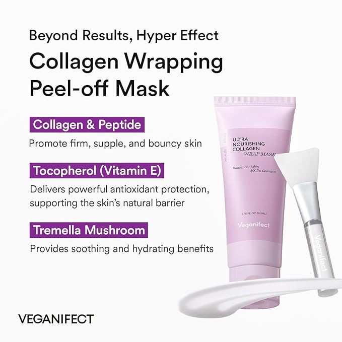 VEGANIFECT Collagen Wrapping Peel Off Facial Cream Mask with Jelly Brush, For Elasticity, Hydrating, Hydrolyzed Collagen & Peptide, Glass Skin, Korean Skincare, 2.73 Fl Oz