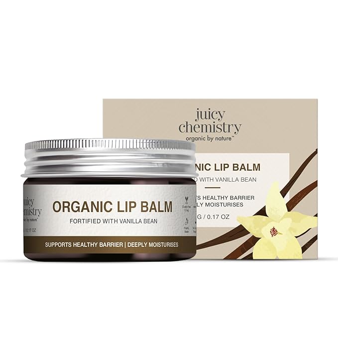 Juicy Chemistry Vanilla Bean Organic Lip Balm, 5 g | Enriched with Delicate, Dreamy, Vanilla Beans, Cocoa Butter, Jojoba & Argan Oil to Smooth and Soften Dry, Chapped & Sensitive Lips