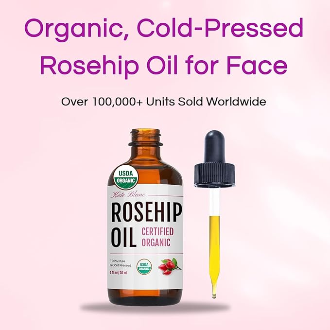 Kate Blanc Cosmetics Rosehip Seed Oil for Face, 100% Pure Organic | Cold Pressed Unrefined Rose Hip Facial Oil for Skin, Hair & Gua Sha Massage (1oz)