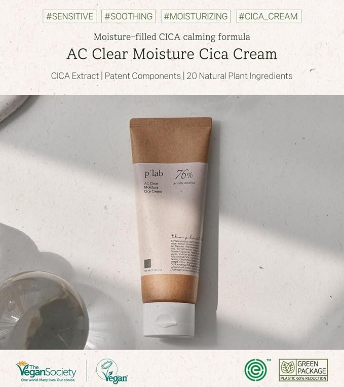 THE PLANT BASE AC Clear Moisture Cica Cream - 73% Centella Asiatica Leaf Water, Soothing Face Moisturizer for Sensitive Skin, Non-Greasy & Fast Absorbing (2.02 fl.oz)