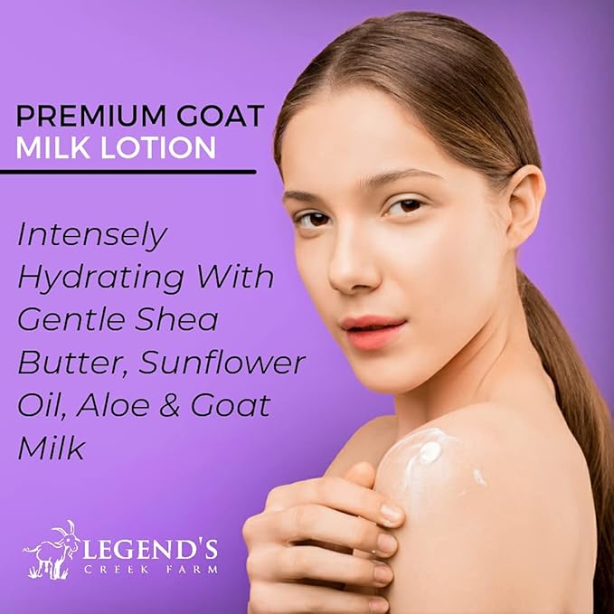 Legend's Creek Farm Goat Milk Lotion - Moisturizing Goat Milk Body Lotion for Body, Hand & Face - 9 oz Body Moisturizer with Shea Butter, Sunflower Oil, Aloe, Handmade in USA (Sandalwood Rose L.)