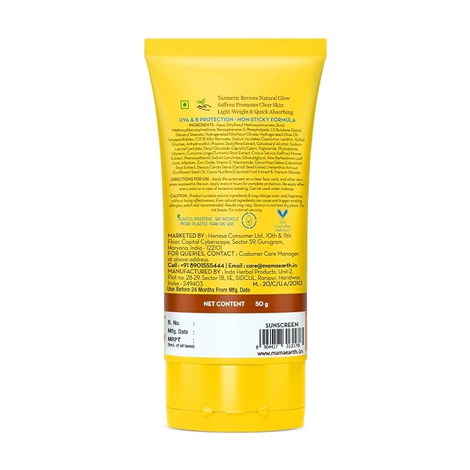 Mamaearth Ubtan Detan Sunscreen with SPF 50 & PA++++ | Broad Spectrum Protection | Helps Reduce Tanning with Turmeric & Saffron | Non-Greasy & Lightweight | 1.76 Oz/50g