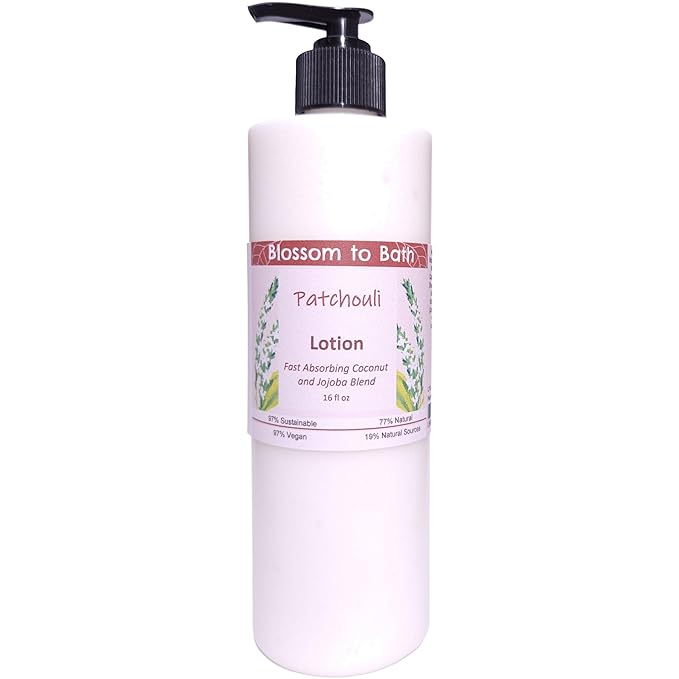 Blossom to Bath Patchouli Lotion (16 ounce) - Pure Essential Oil Fragrance - Absorbs Quickly with a Woodsy Exotic Scent