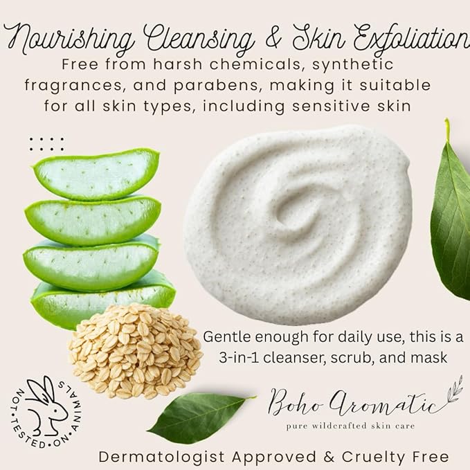 Exfoliating Face Scrub for Dry & Sensitive Skin – Gentle Oatmeal Facial Exfoliator & Cleanser, Soothing Milky Oat Polish, Hydrating Physical Scrub – Boho Aromatic
