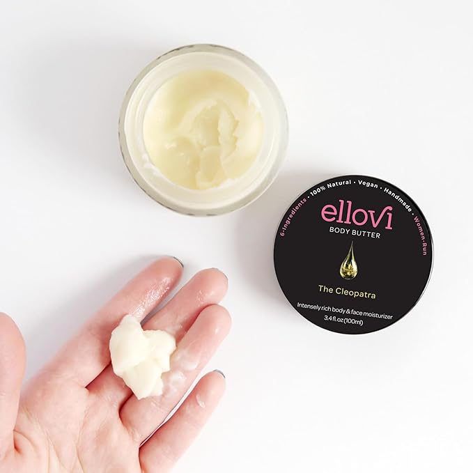 Ellovi All-Natural Body Butter - The Cleopatra - Pure Enough to Eat - Made With Just 6 Vegan Ingredients - Ultra-Rich 100% Plant-Based Moisturizer For Naturally Healthy Skin (3.4 fl. oz/100ml)