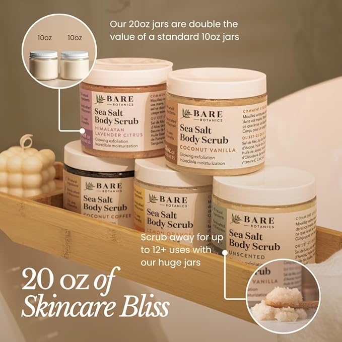 Bare Botanics Brown Sugar Body Scrub 20 oz - Naturally Scented Coconut Vanilla Sugar Scrub Made in Madison, WI - Formulated w/Skin Loving Moisturizers - Vegan, Cruelty Free w/a Cute Wooden Spoon