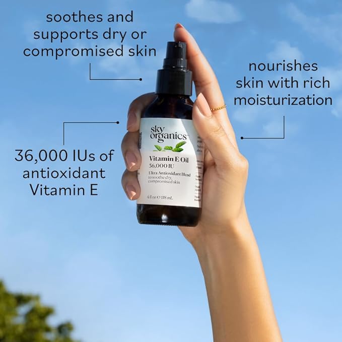 Sky Organics Vitamin E Oil Blend for Face, Organic Antioxidant Facial Oil, 36,000 IUs to Deliver Reparative Moisture and Soothe Dry, Damaged Skin, 100% Pure & Cold-Pressed, 3.97 fl oz, 117 ml