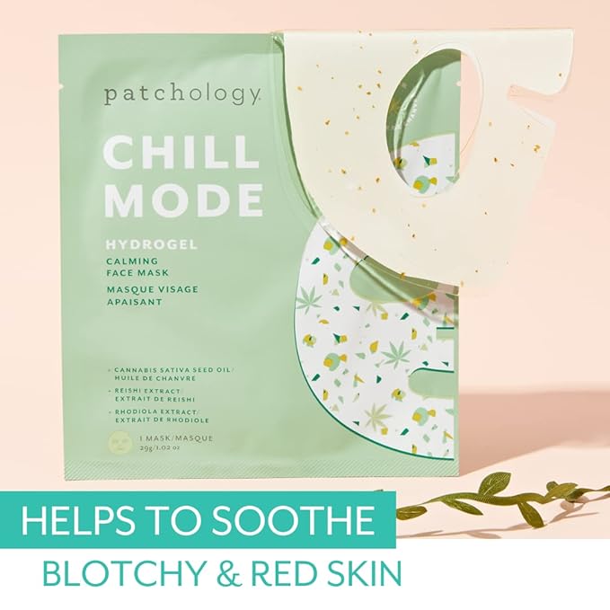 Patchology Hydrogel Face Mask with Cannabis and Sativa Seed Oil - Patchology Chill Mode - Gel Face Mask for women and men to soothe and moisturize skin. 1 count.