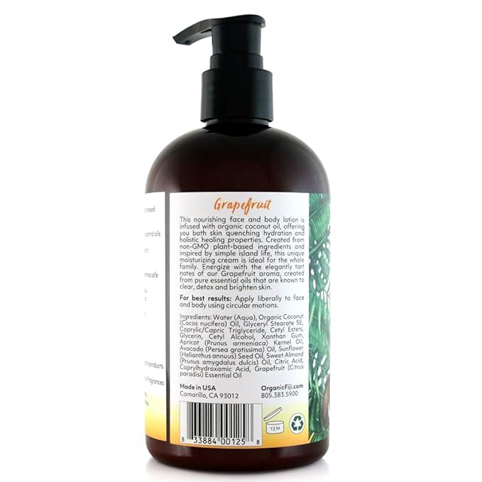 Coco Fiji Face & Body Lotion Infused With Coconut Oil | Lotion for Dry Skin | Moisturizer Face Cream & Massage Lotion for Women & Men | Grapefruit 12 oz, Pack of 1