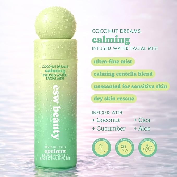 ESW Beauty Coconut Dreams Facial Mist - Hydrating Face Mist - Makeup Primer & Setting Spray - Unscented Face Toner for Sensitive Skin with Coconut Water, Cucumber & Aloe 3.4oz