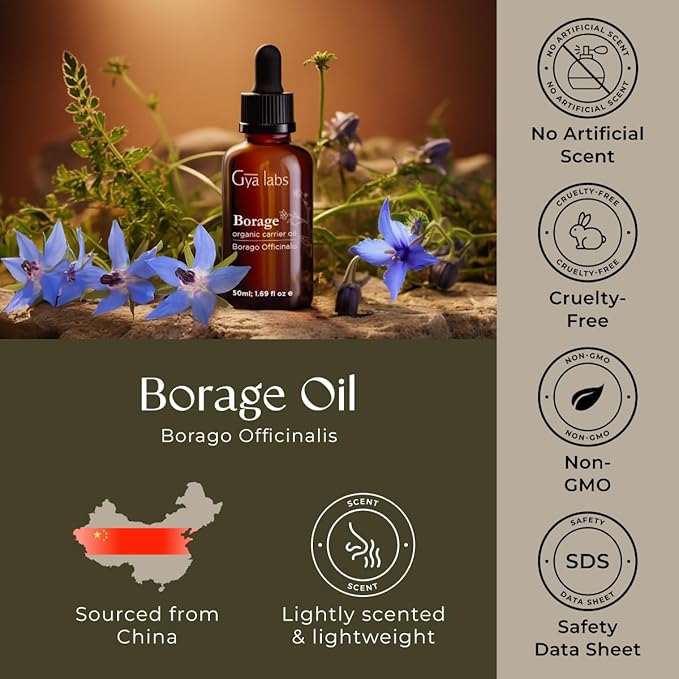Gya Labs Borage Oil - 1.7 Fl Oz - Carrier Oil for Hair, Skin, Face, Scalp & Body Massage